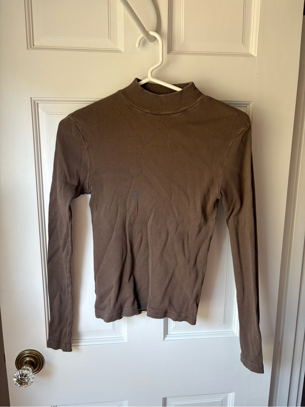Brandy Melville Long Sleeve Ribbed Mock Neck Top in Brown